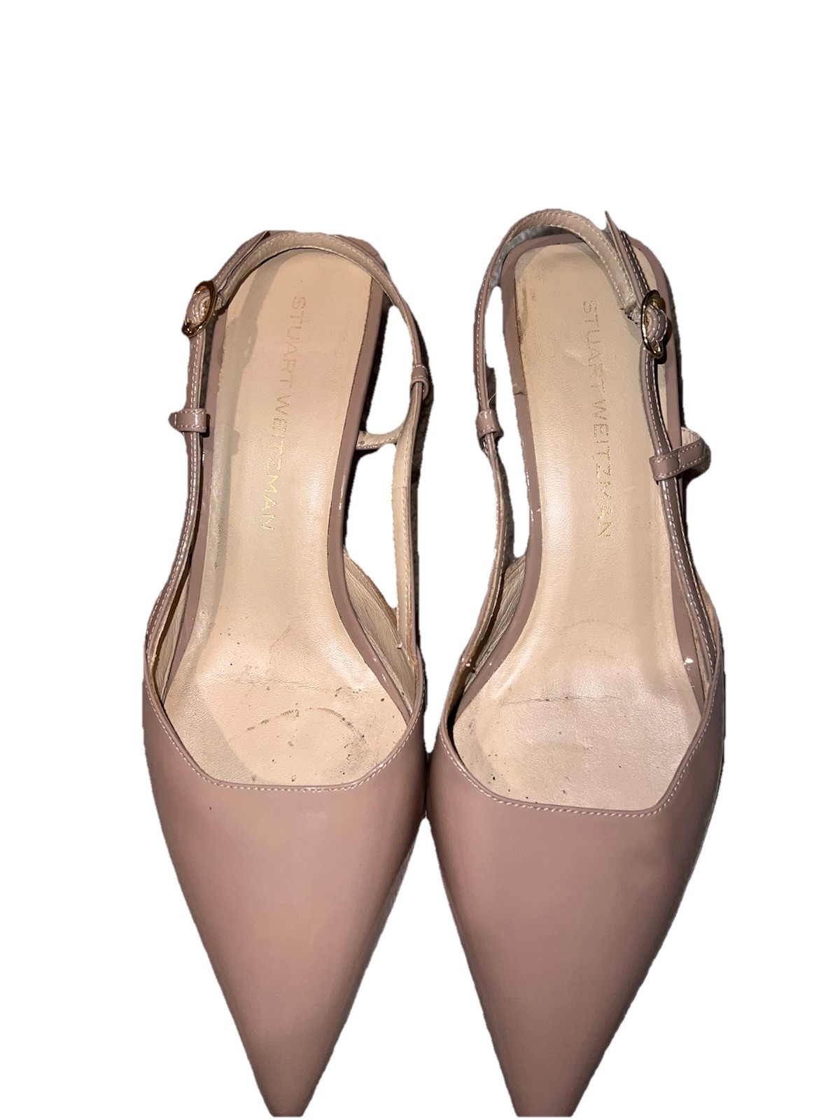 Stuart Weitzman Beige Patent Leather Pointed Toe Slingback Buckle Heels 10