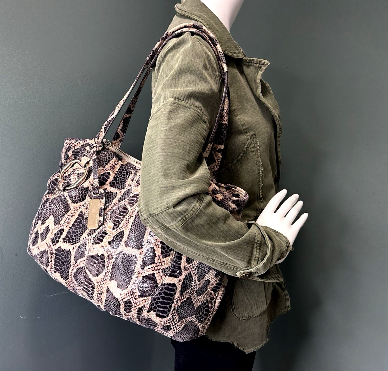 B Makowsky Large Snake Python Embossed Leather Slouchy Shoulder Bag