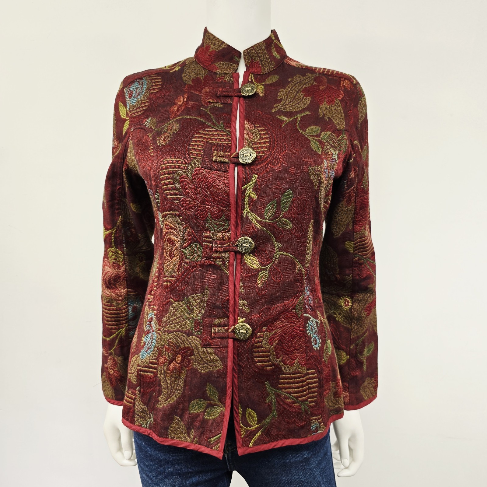 Chicos Womens Jacket 0 Small Floral Brocade Tapestry Asian Toggle Button Boho