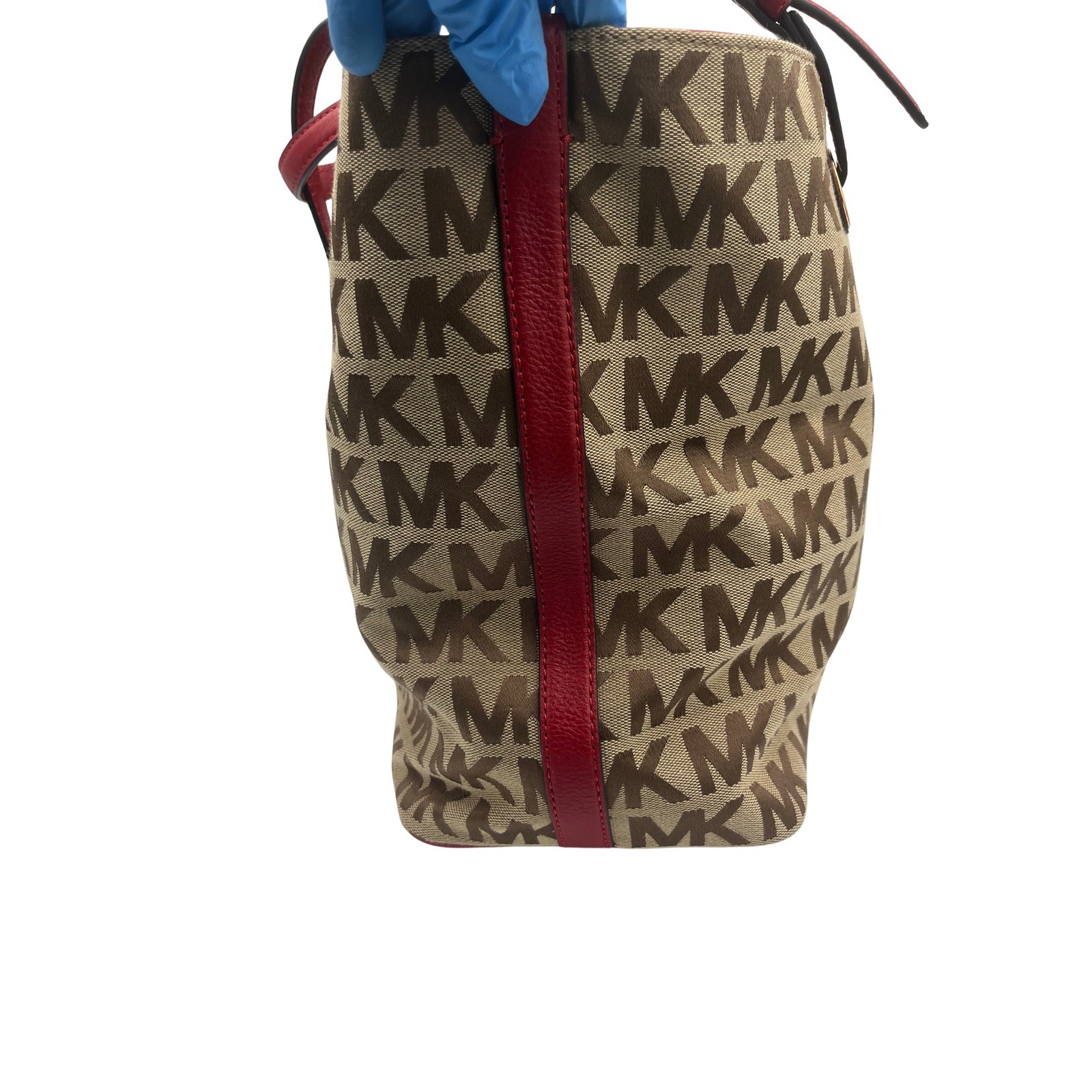 Michael Kors Monogram Jacquard Tote Bag Beige Red Leather Gold Hardware BFSQ1K