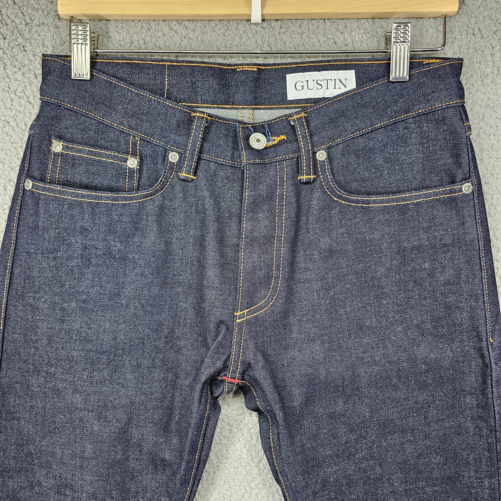 Gustin Selvedge Jeans Mens 31×34 Blue Dark Wash Denim Skinny Button Fly USA
