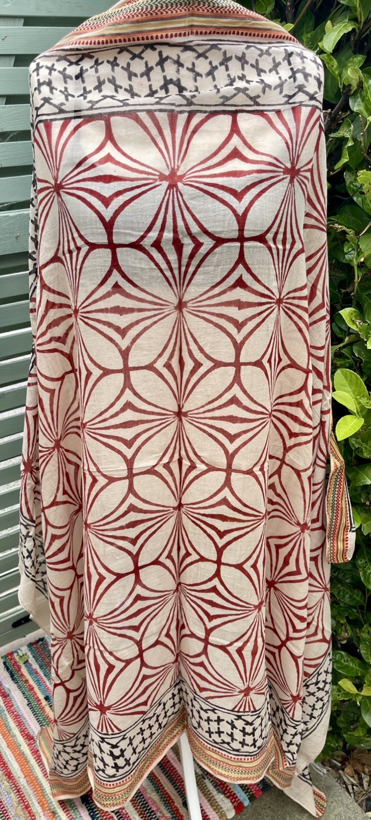 Gold silk edged 100% cotton hand block printed Zari sarong scarf shawl boho