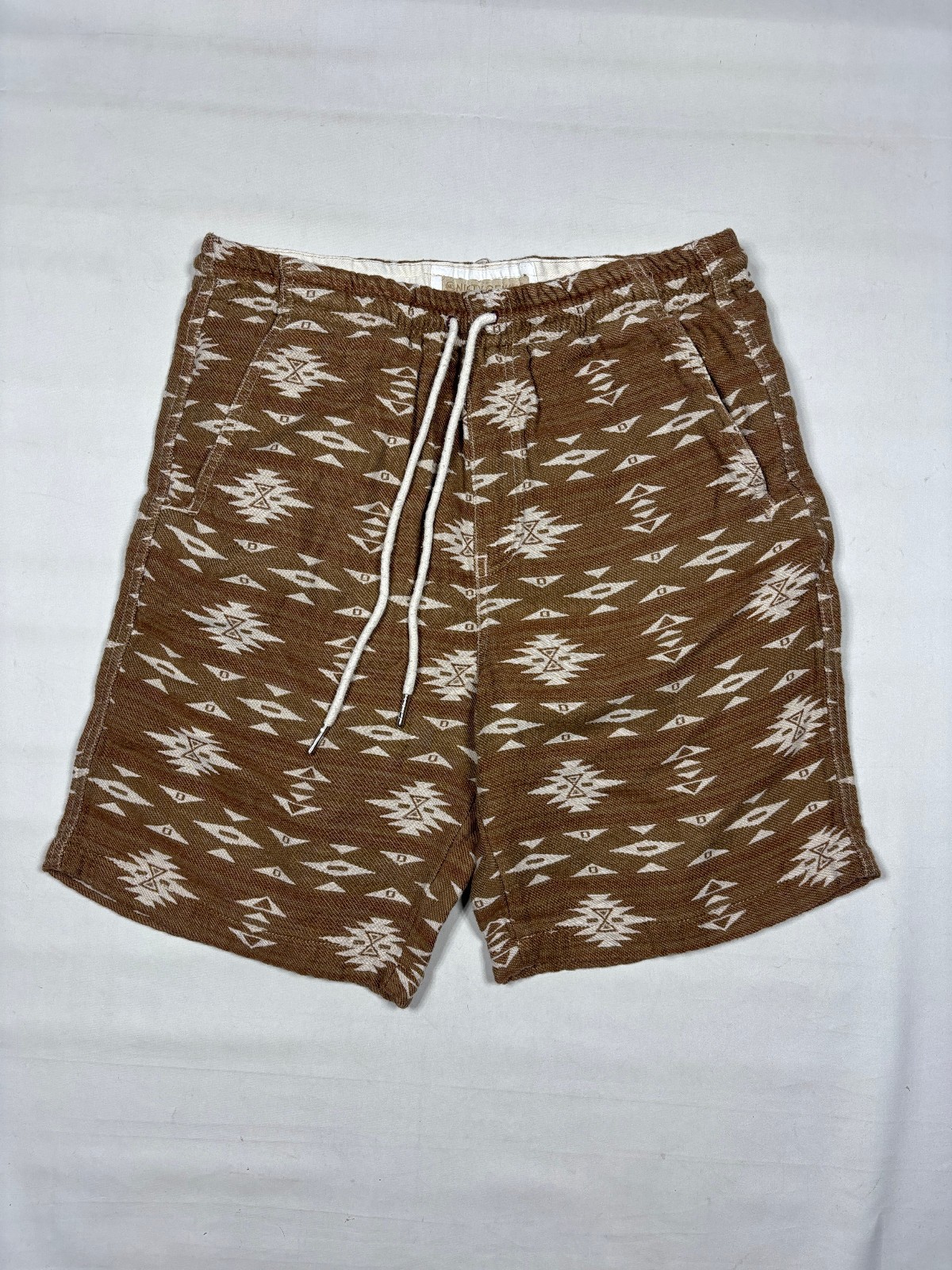 Nifty Genius Aztec Geometric Cotton Hemp Drawstring Shorts Brown Mens SM 28