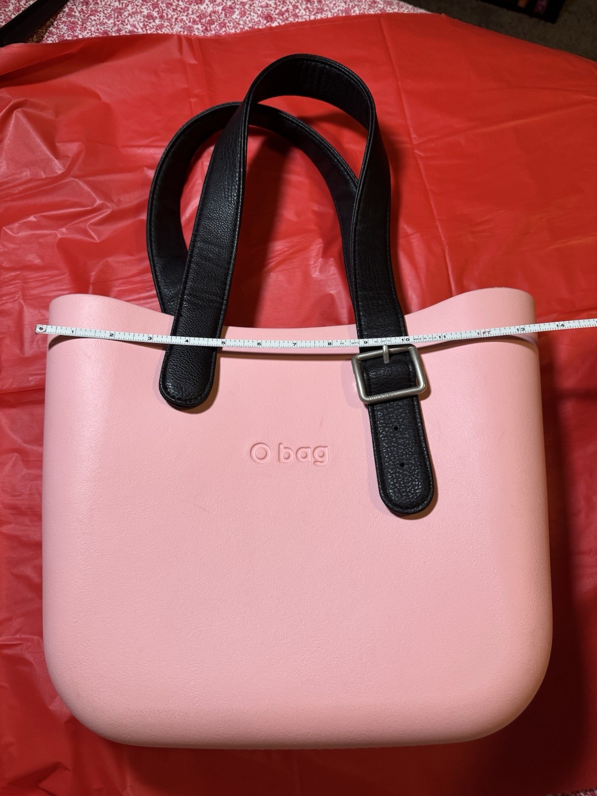 O bag Pink Tote Handbag Black Leather Double Handles Zip Lined Pouch Pockets