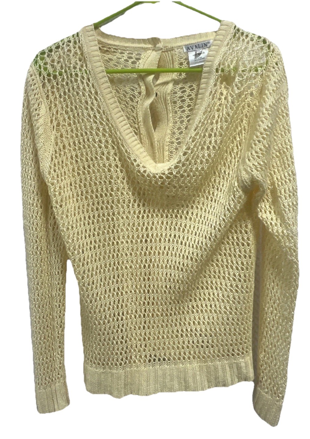 Avalin Yellow Open Weave Mesh Sweater Linen Blend Button Back Boho Coastal L