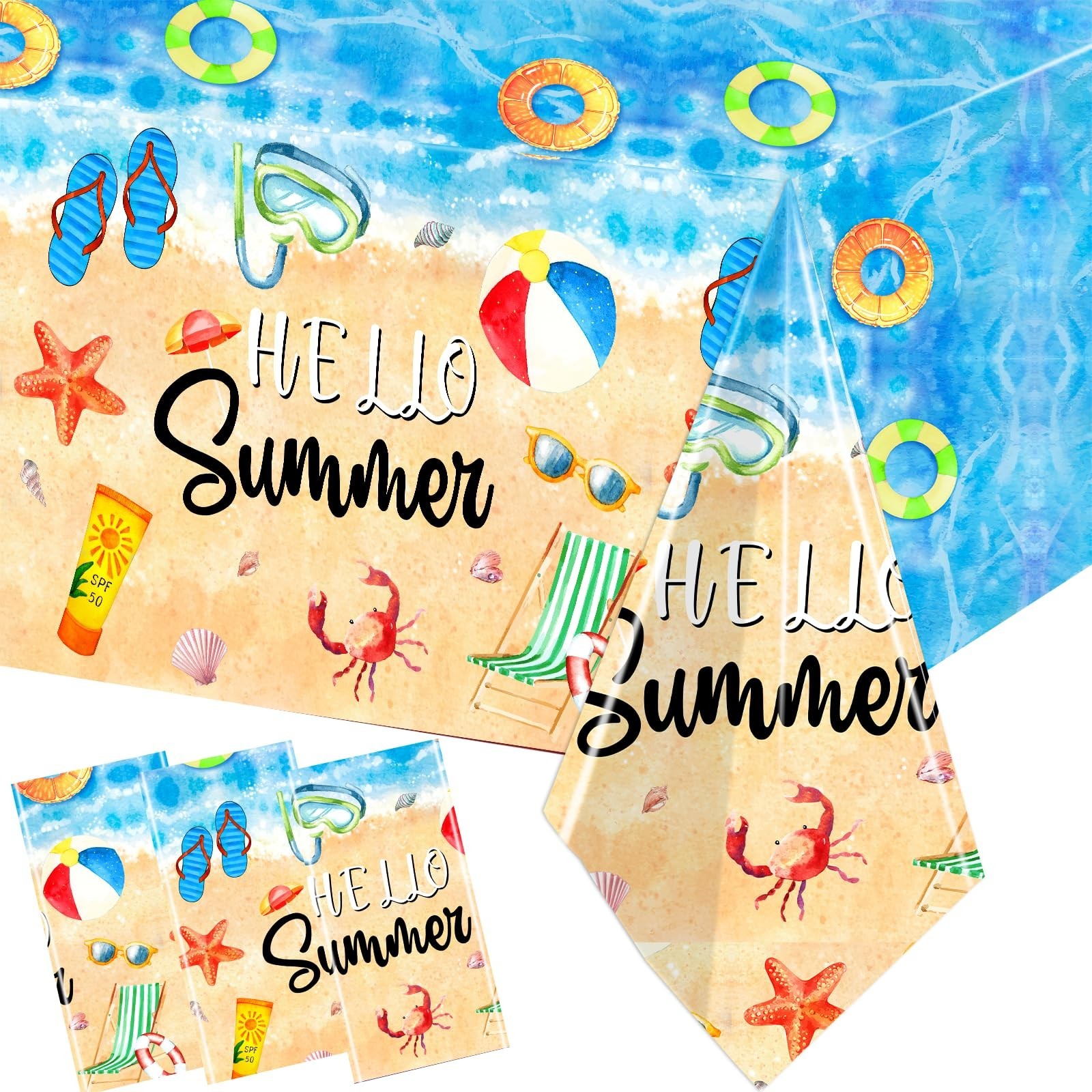 GREHUMOR Hello Summer Tablecloths Hawaiian Beach Party Table Cover 3Pcs Plast…