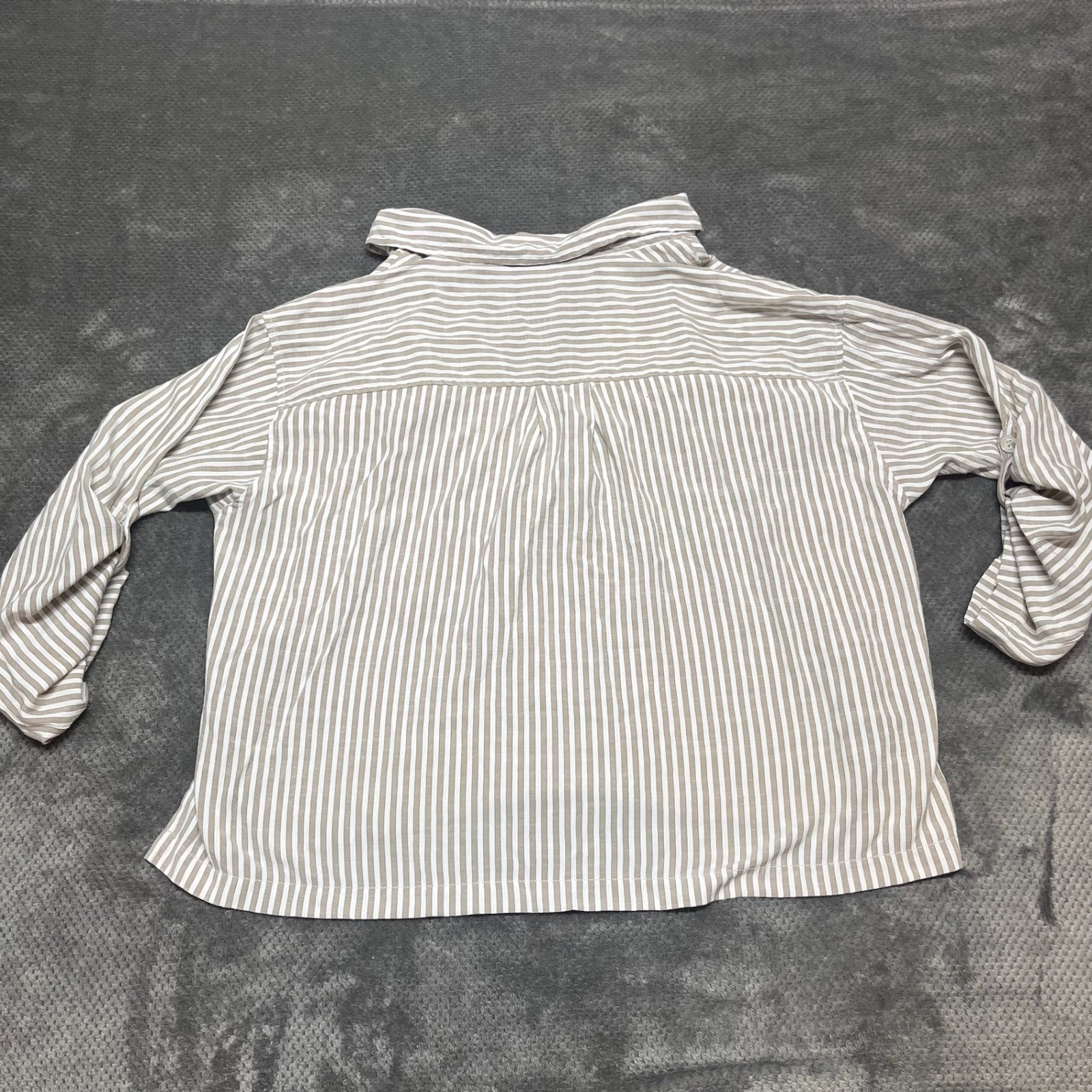 Max Studio London Tan White Striped V-Neck Roll Tab Sleeve Tunic Top Large