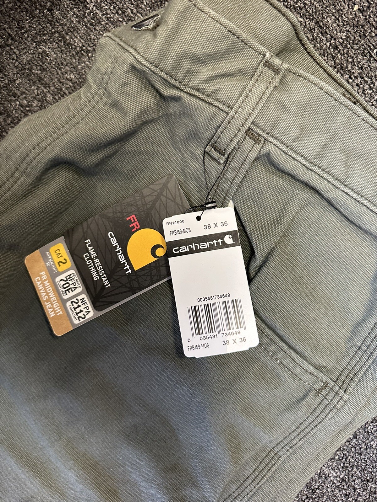 Carhartt Men’s 38 x 36 Flame Resistant Canvas Pant – Moss NEW
