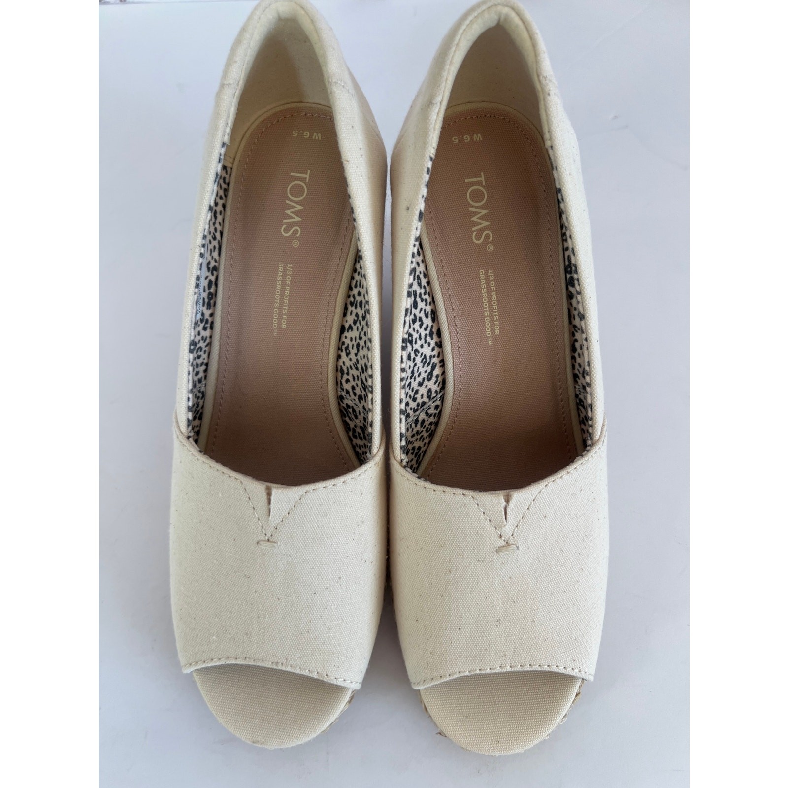 TOMS WOMENS MICHELLE PEEP TOE CANVAS ESPARDRILLE WEDGE PUMPS NATURAL 6 1/2