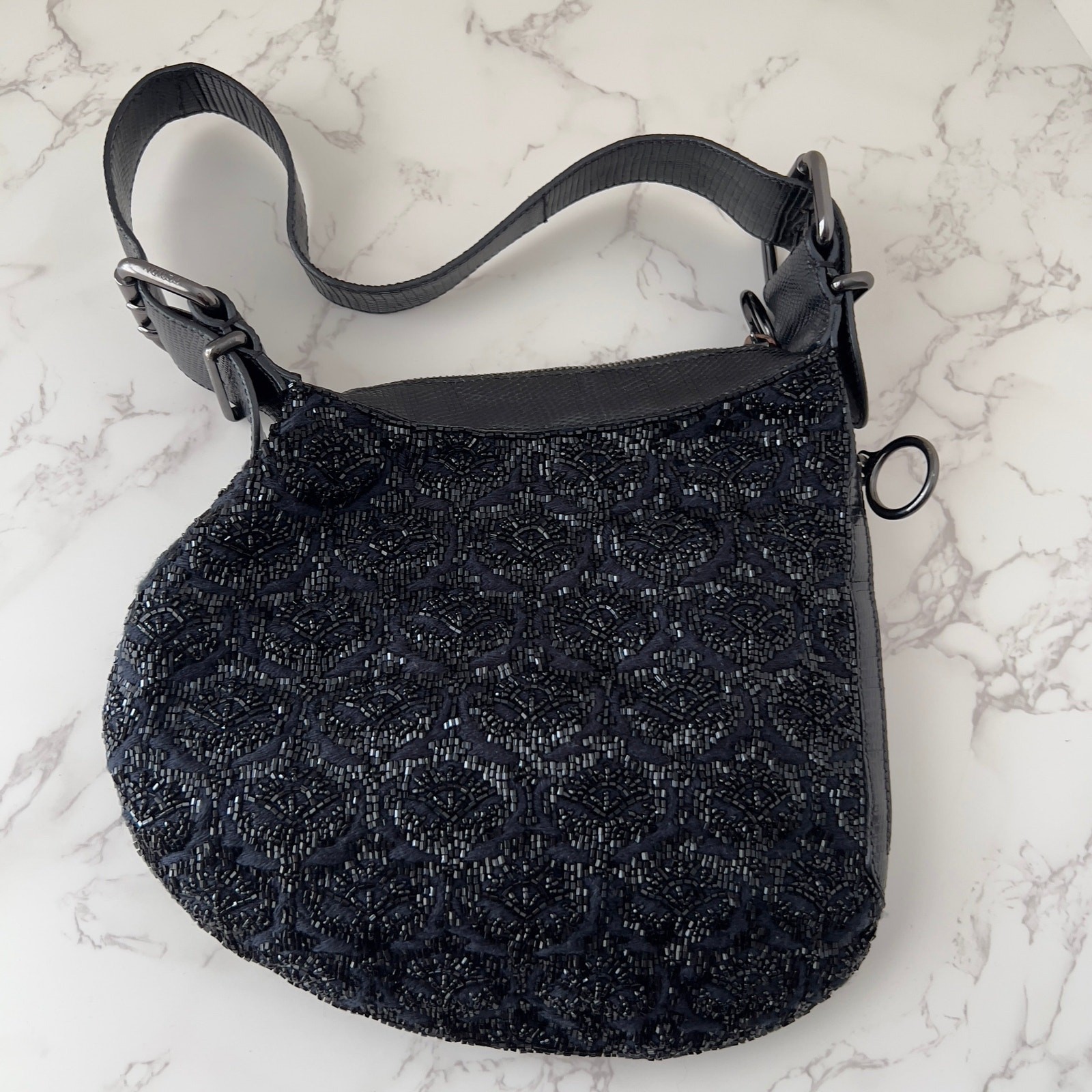 Vintage Fendi Black Rose Lizard trimmed Embellished Oyster Bag