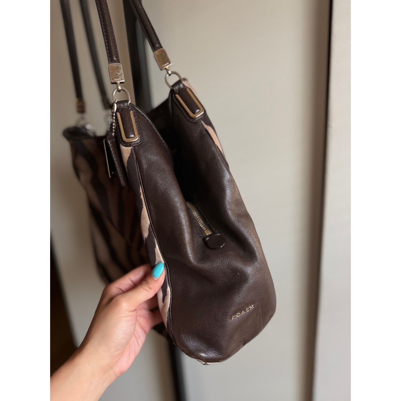 Coach Madison Phoebe Shoulder Bag – Brown/Beige Zebra Print Canvas & Leather