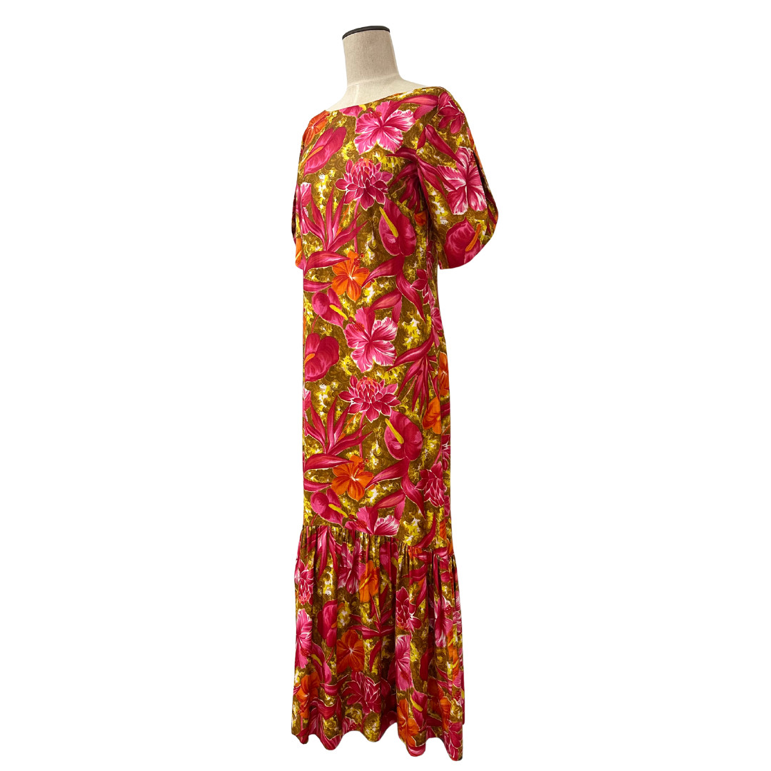 Vintage 1960s Handmade Pink & Orange Tropical Floral Trumpet Pake Muu Maxi Dress