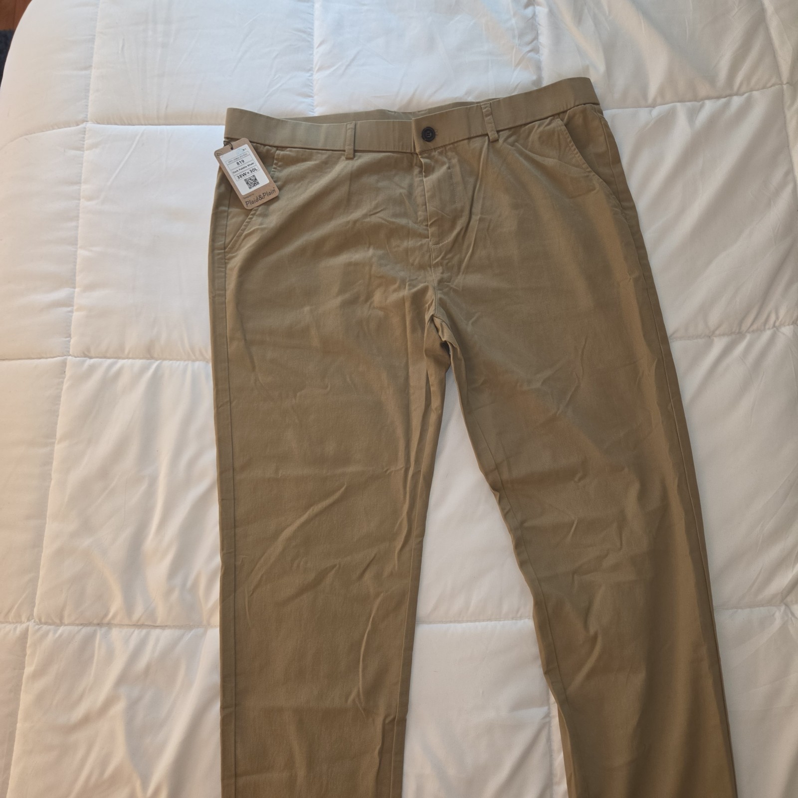 Plaid&Plain Men’s Skinny Fit Khaki Chino Pants 38W Tapered Flat Front NWT