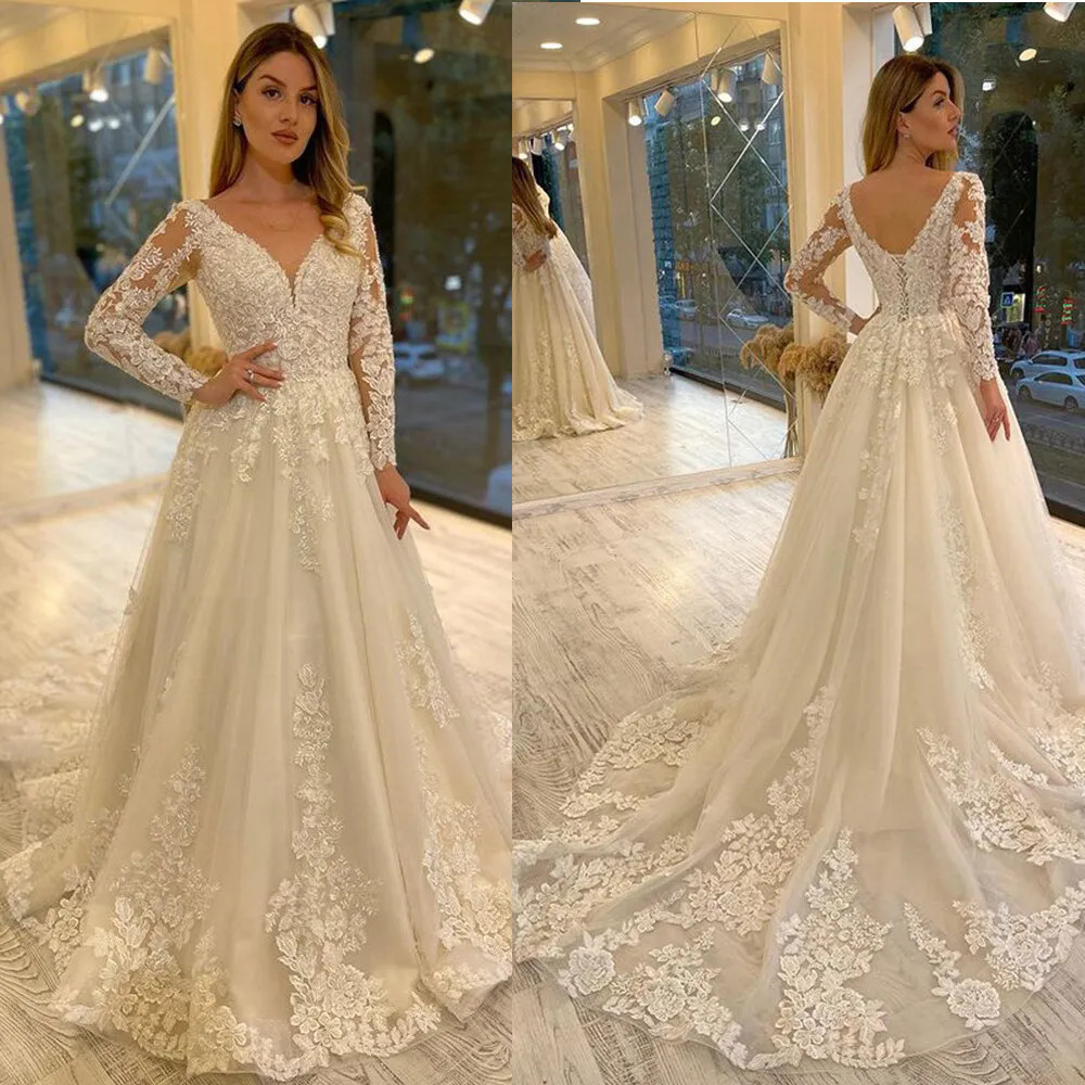 Lace A Line Wedding Dresses Sheer V Back Floral Tulle Bridal Chapel Train