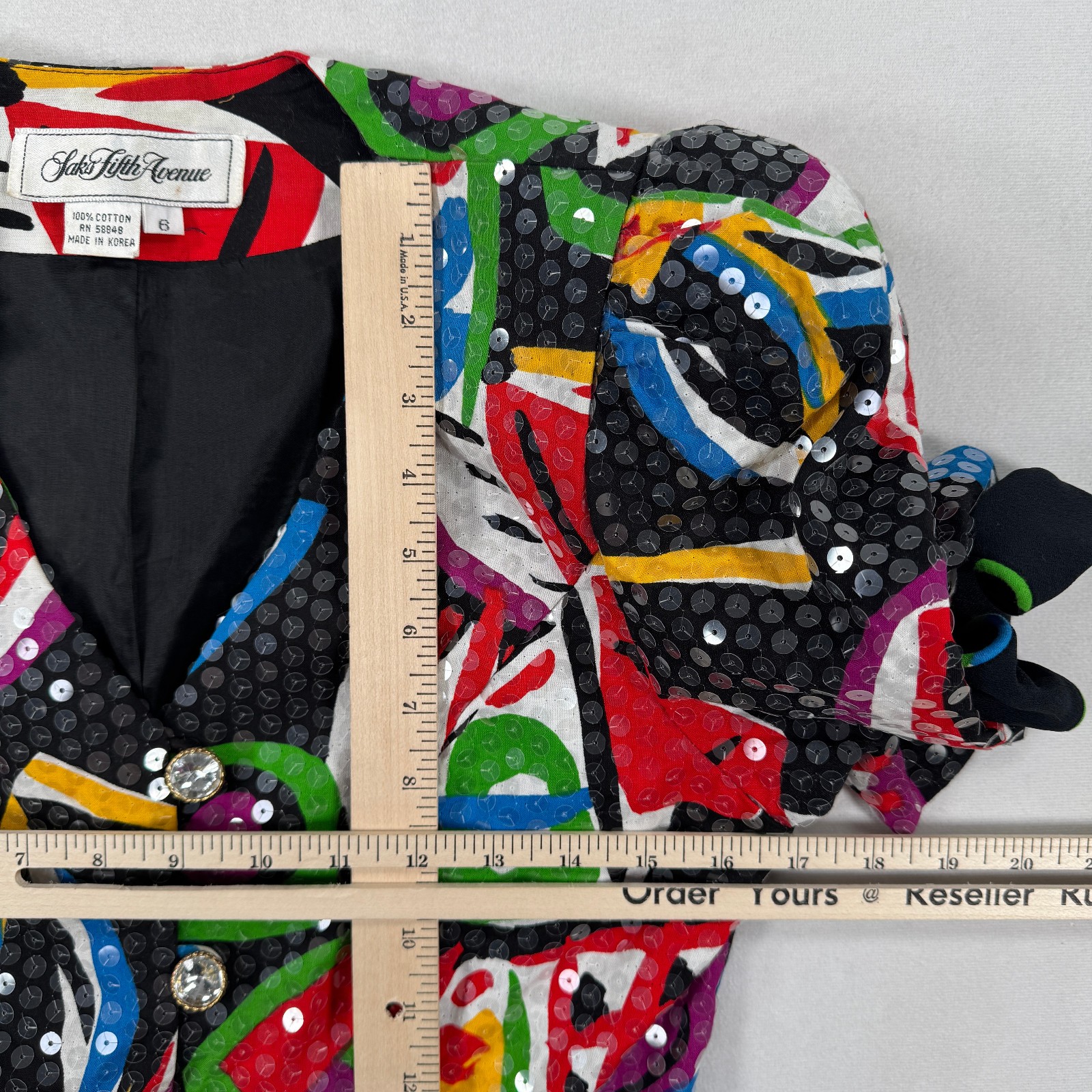 Saks Fifth Avenue Colorful Jacket Sequins Buttons 100% Cotton Fashion, Size 6