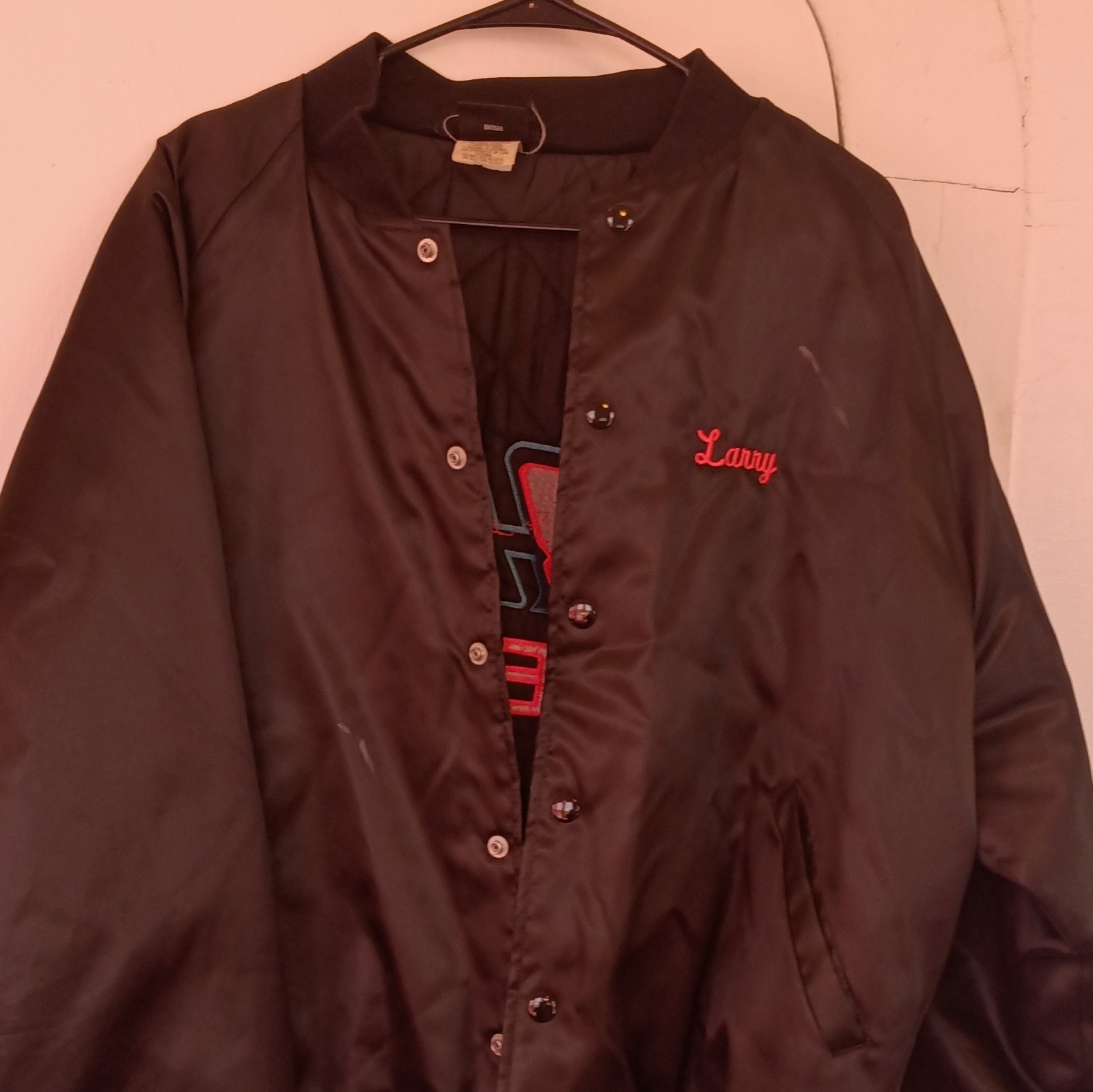 Men’s Black Embroidered Bomber Jacket Lined Snap Front Mid-Length Size L