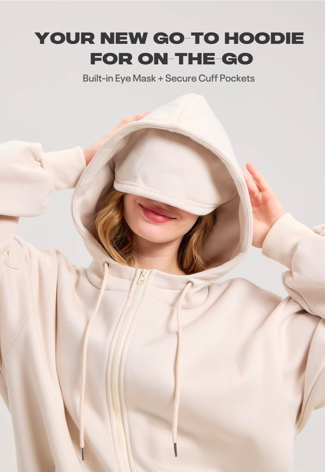 Hoodie with Eye Mask&Hidden Pockets Fleece Travel Sweatshirt Long Sleeve Size XL