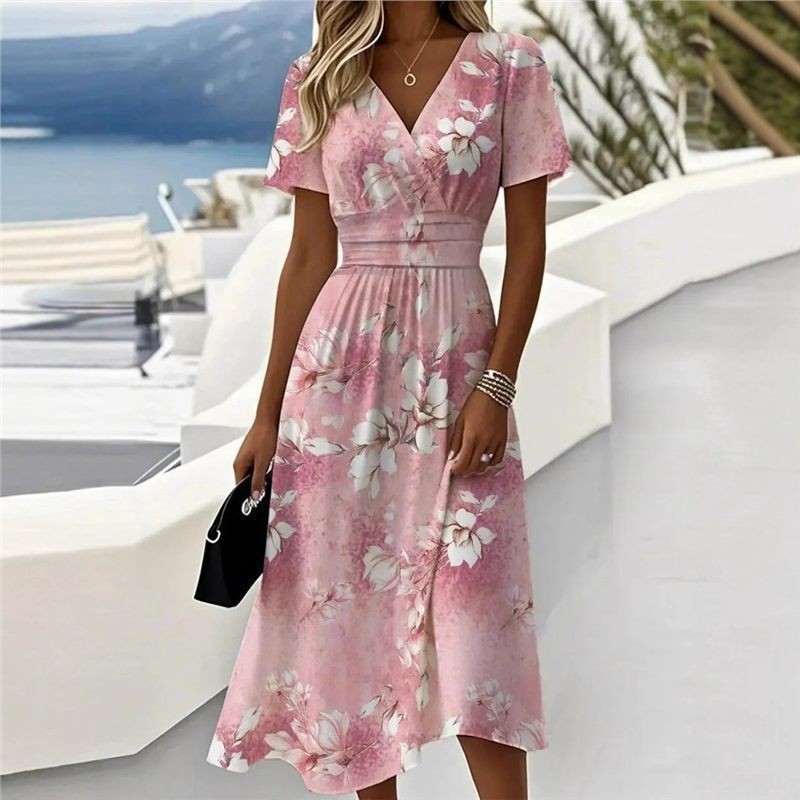 NEW Floral 3D Digital-print V-neck Short-sleeve Dress Sizes S-4XL