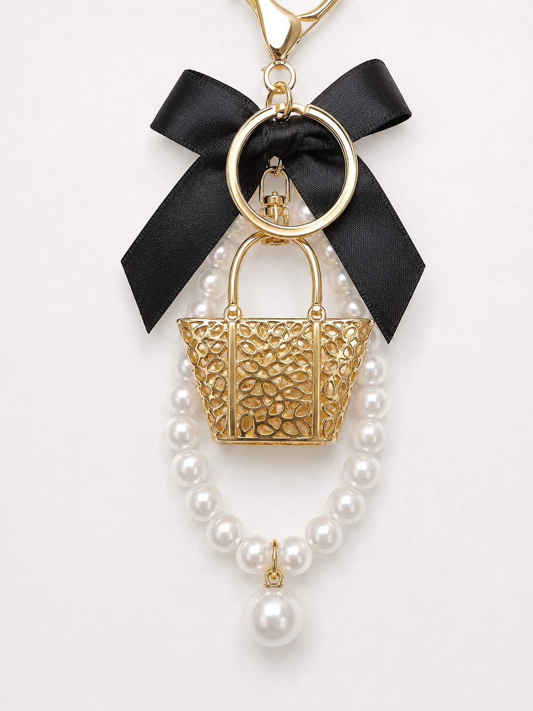 Gold Tone Purse Charm Keychain Handbag Black Bow Faux Pearl Keyring Women
