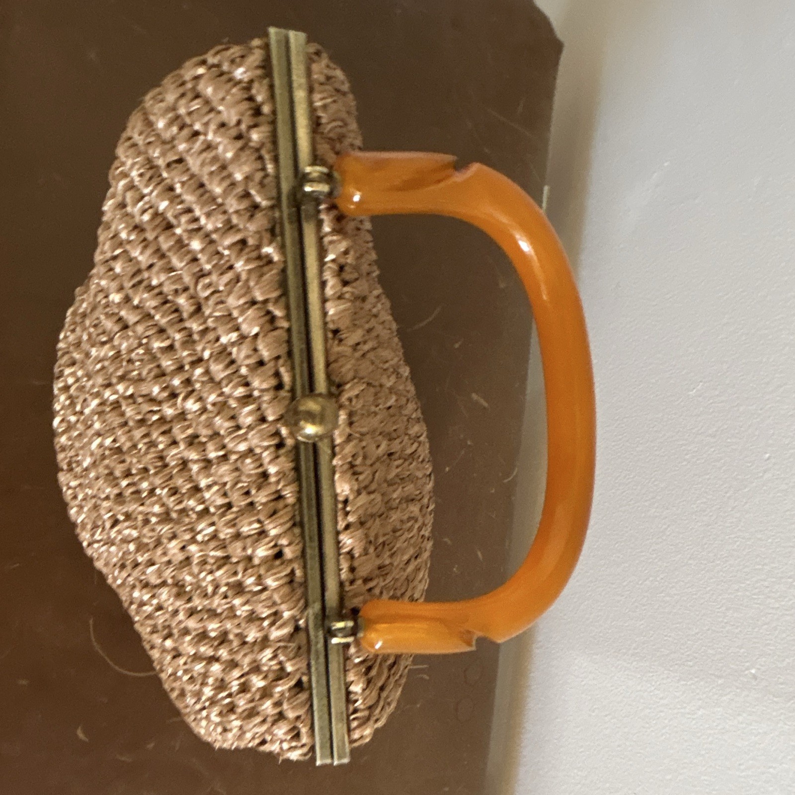 MM Crochet straw bag/purse beige with gold trim rose lining vintage