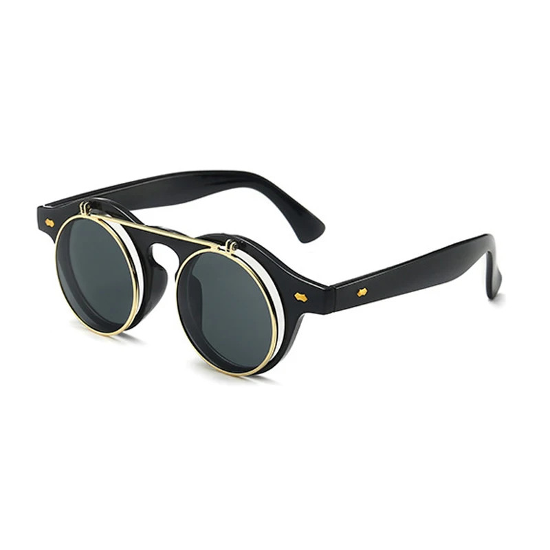 New Vintage Flip Cover Round Sunglasses Women Men Circular Sun Glasses Female
