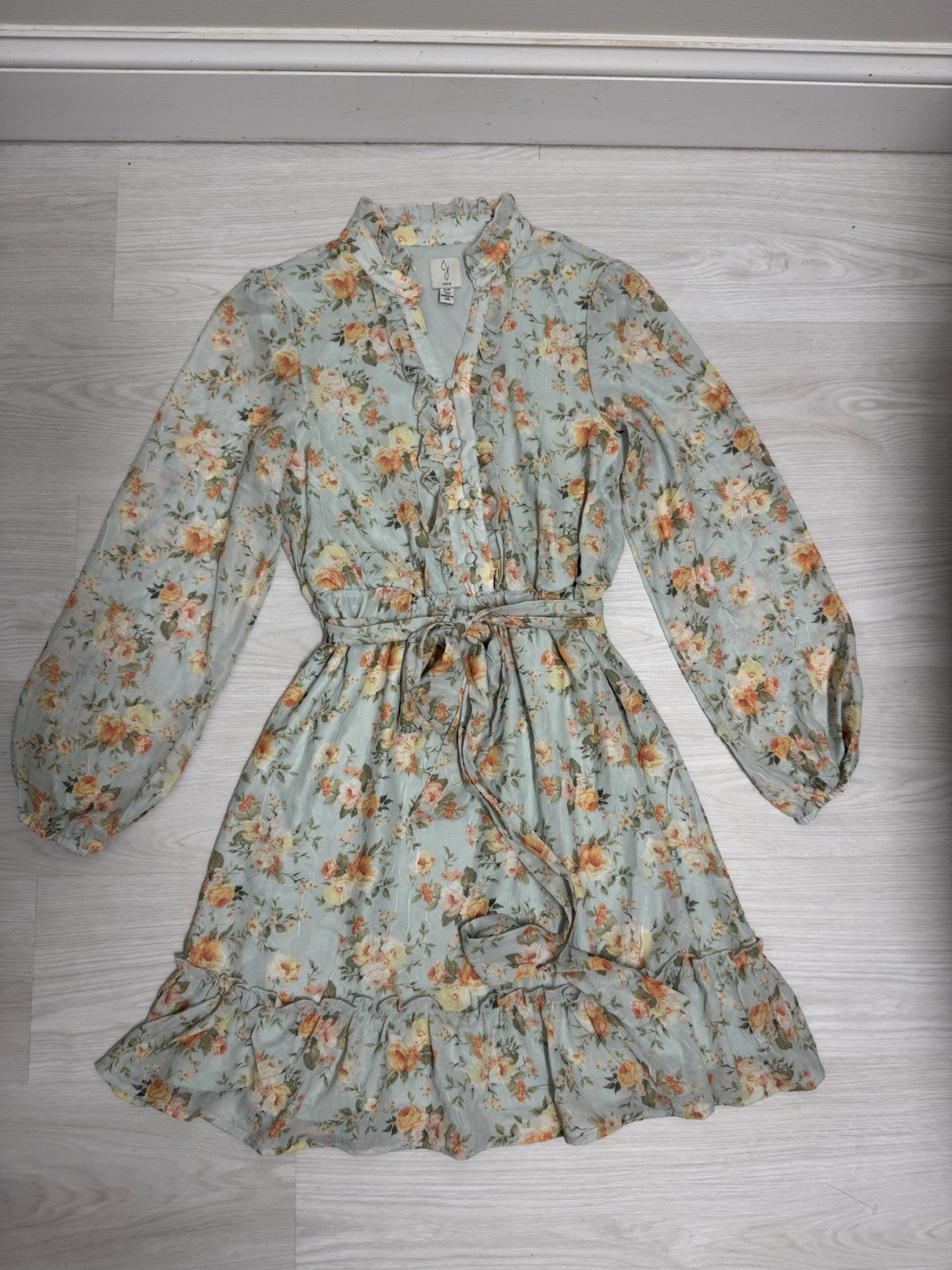 Joie Womens Green Floral V-Neck Long Sleeve Chiffon Ruffle Tie Mini Dress S
