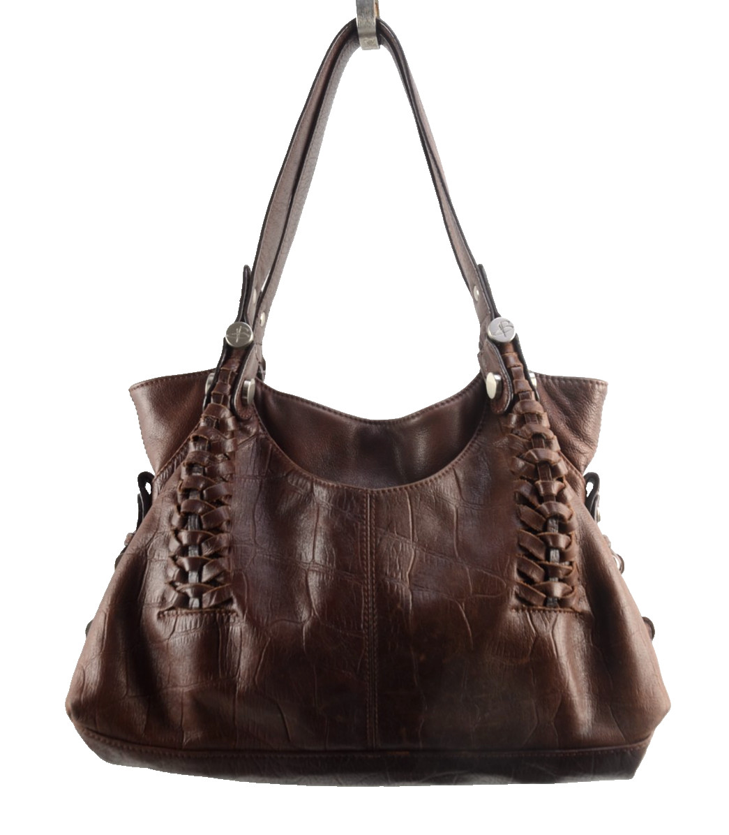 B. MAKOWSKY Brown Croc Embossed Leather Braided Large 14 X 9 Lined Brown Handbag