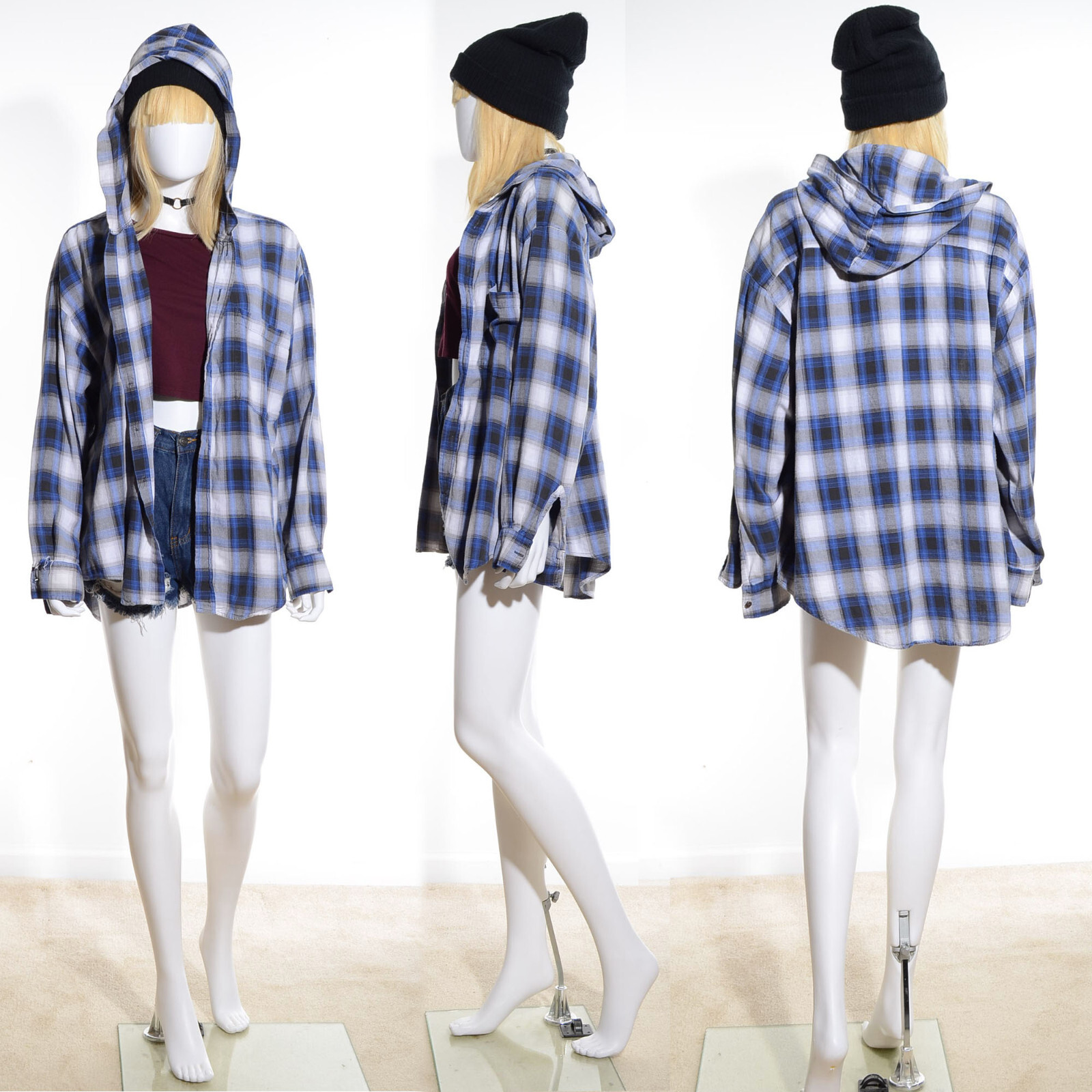 Vtg 90s PLAID Flannel HOODED Grunge Hip Hop Oversized Jacket Boyfriend Shirt Top
