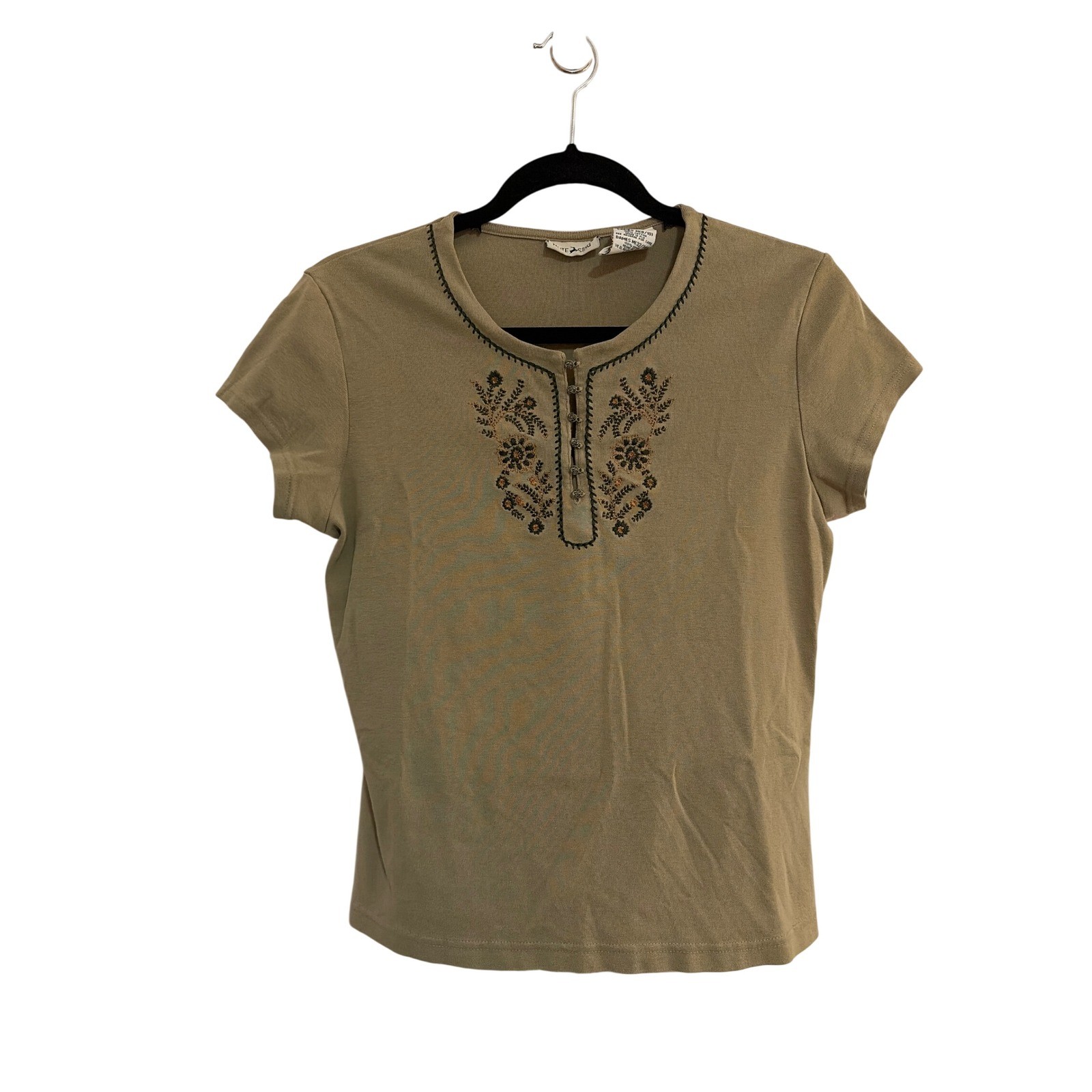 White Stag Womens Vintage Y2K Embroidered Henley Top Metal Rosette Buttons M