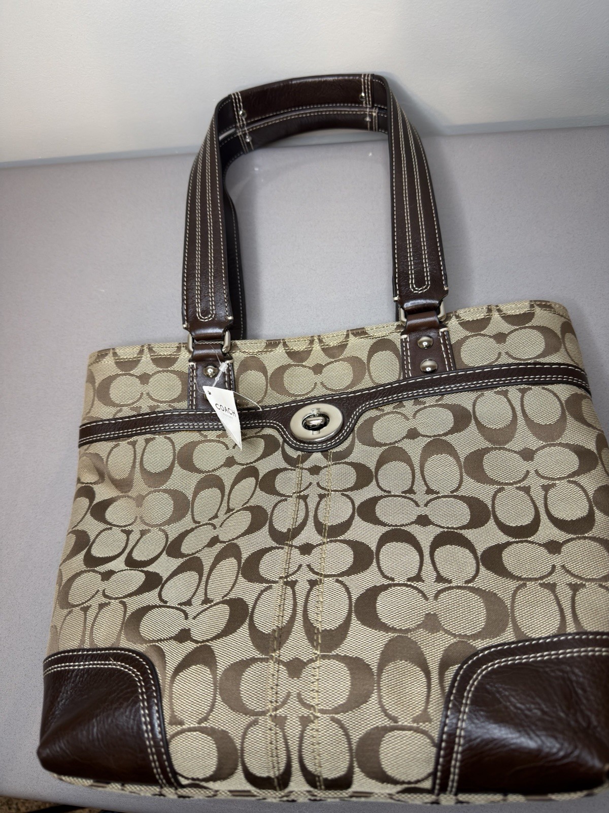 Coach Signature Monogram Brown/Beige Medium Tote Zip Top, Inner Pockets