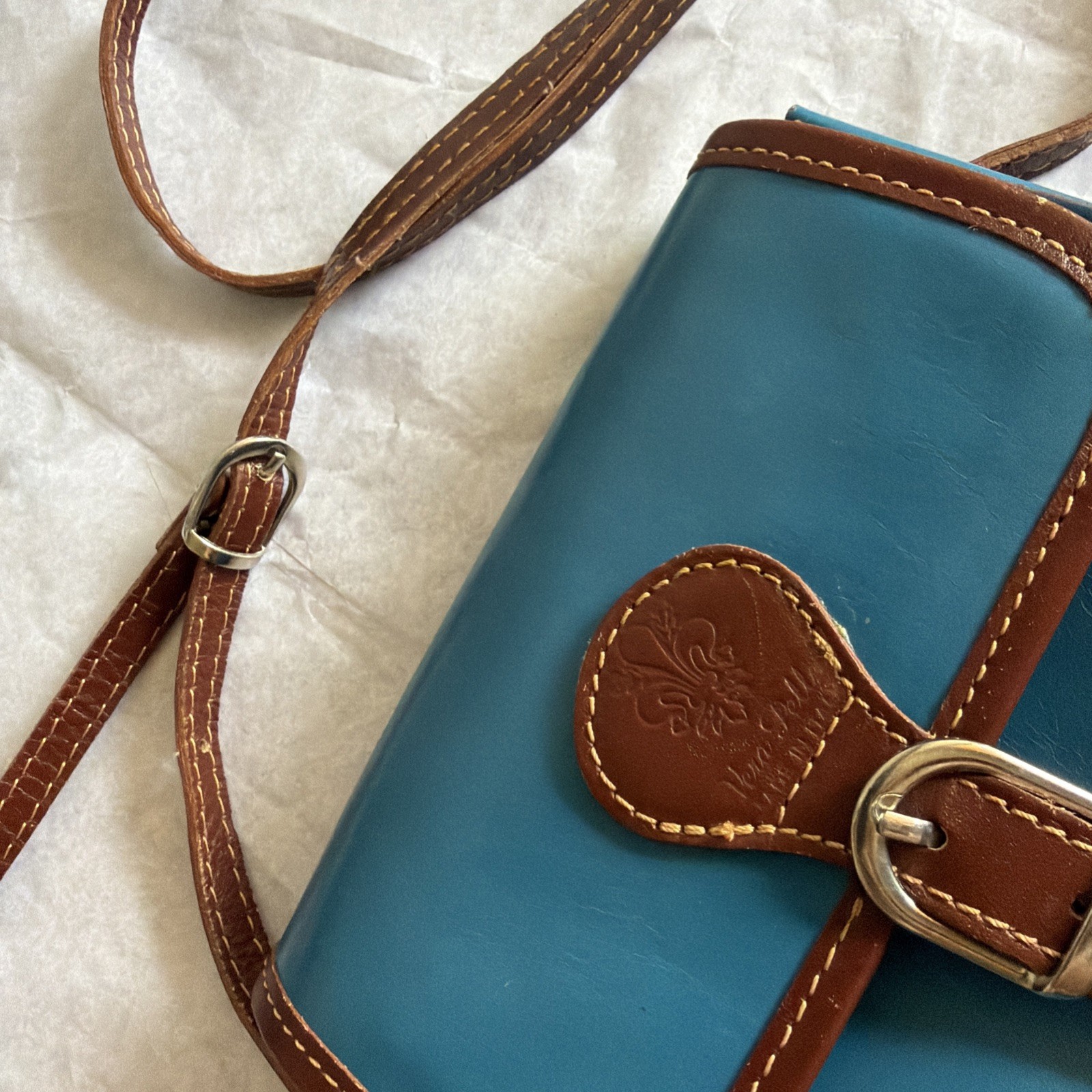 Vera Pelle Leather Crossbody Saddle Bag Genuine Italian Small Teal Blue/Brown
