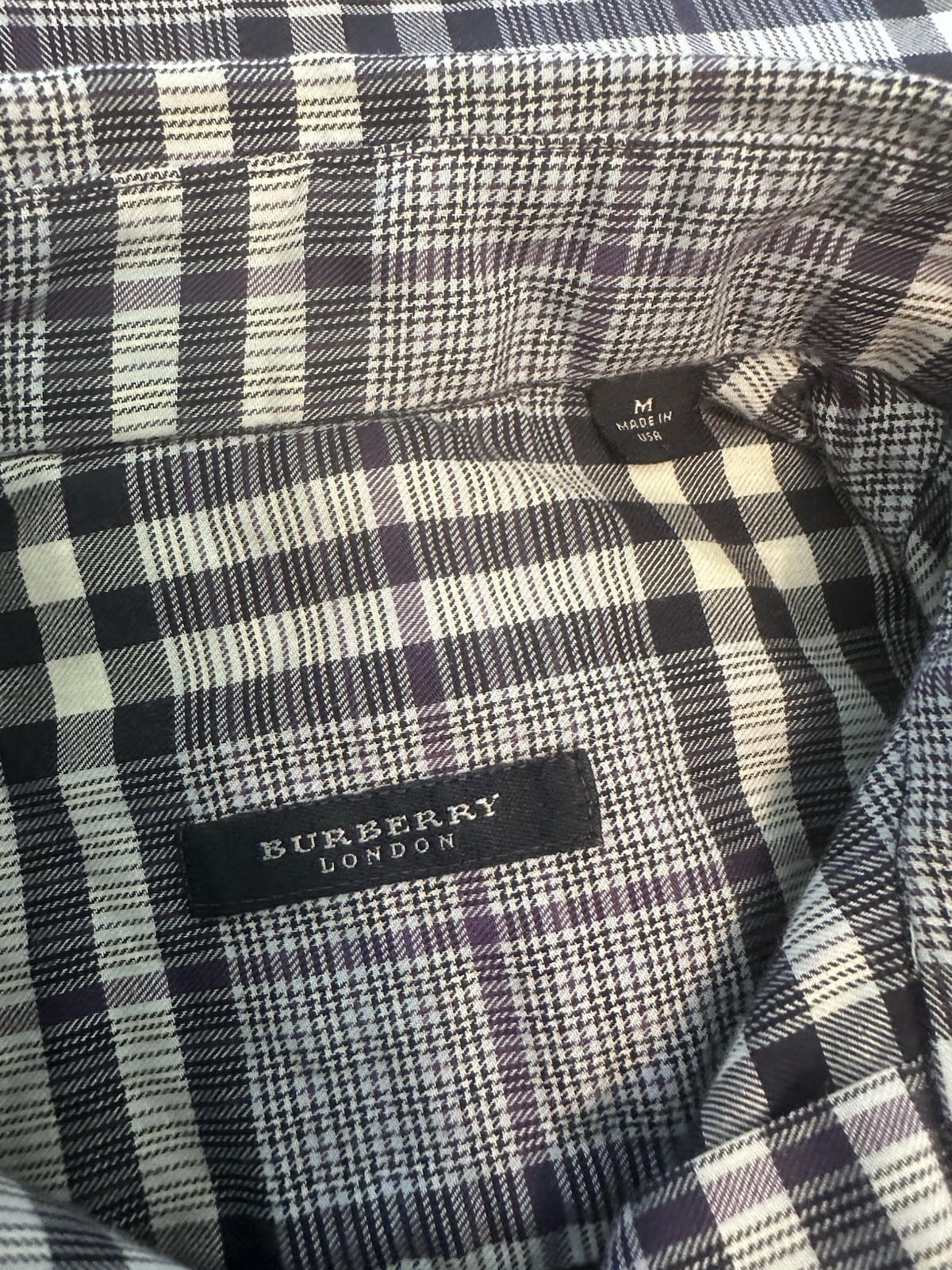 Burberry London Mens Plaid Button Front Shirt Medium Gray Purple Cotton USA