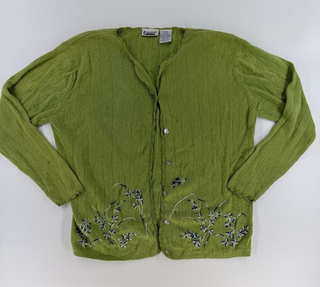 0782 Medium Capacity Floral Embroidered Green Knit Button Front Cardigan