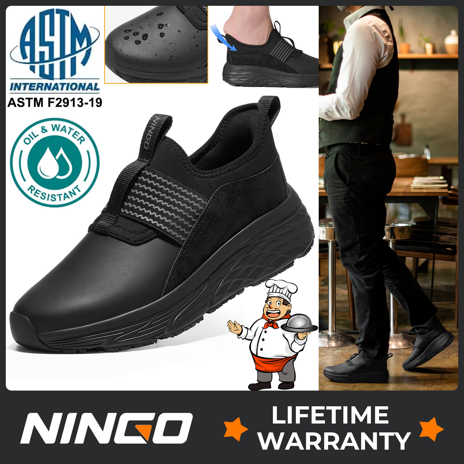 NINGO Men’s Slip-Resistant Work Shoes Lightweight Water & Oil Resistant Sneakers