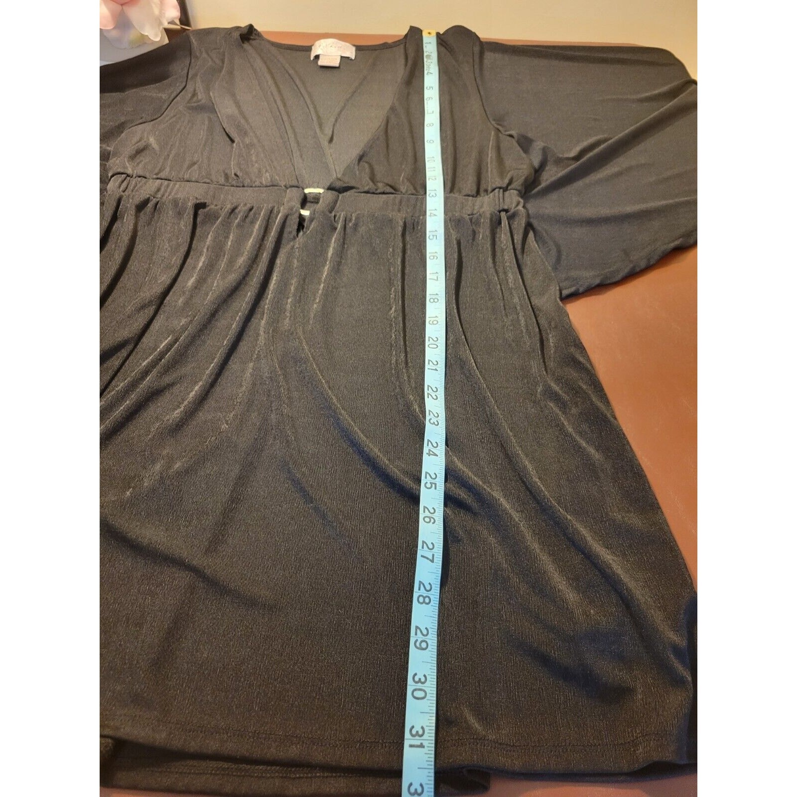 J. Valdi batwing Sleeve Tunic Top Black Slinky Plunge V-Neck Sheer 3/4 Sz Large