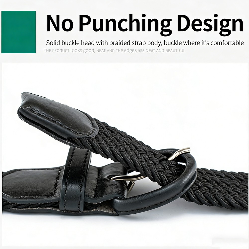 Black Leather Stretch Belt Covered Buckle Woven Elastic Belt 7001 1-1/4″ Wide