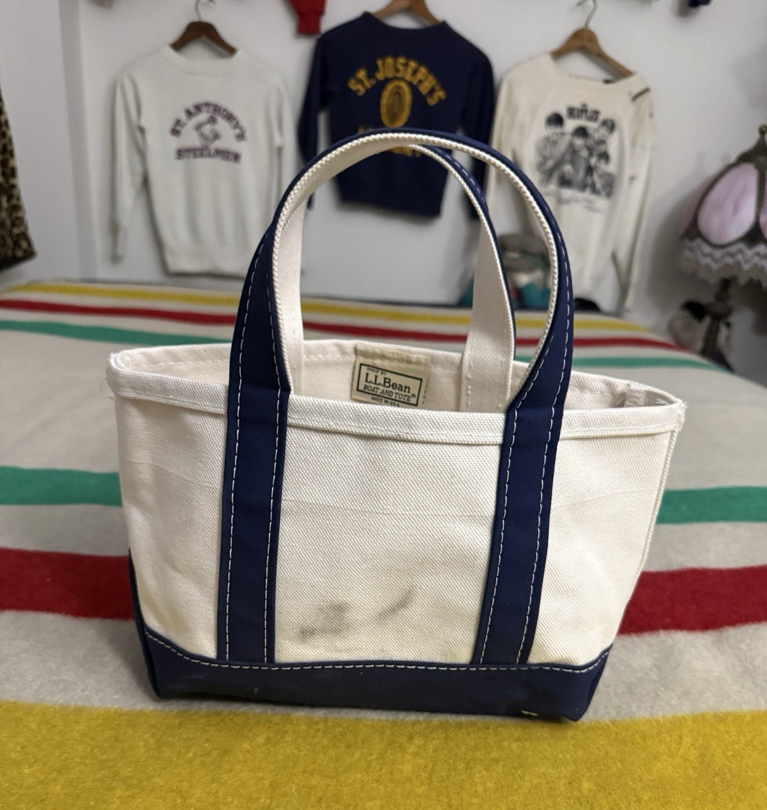 Vintage LL Bean Boat & Tote Bag Mini Size Navy Blue Neutral Beige 13.5×7.75