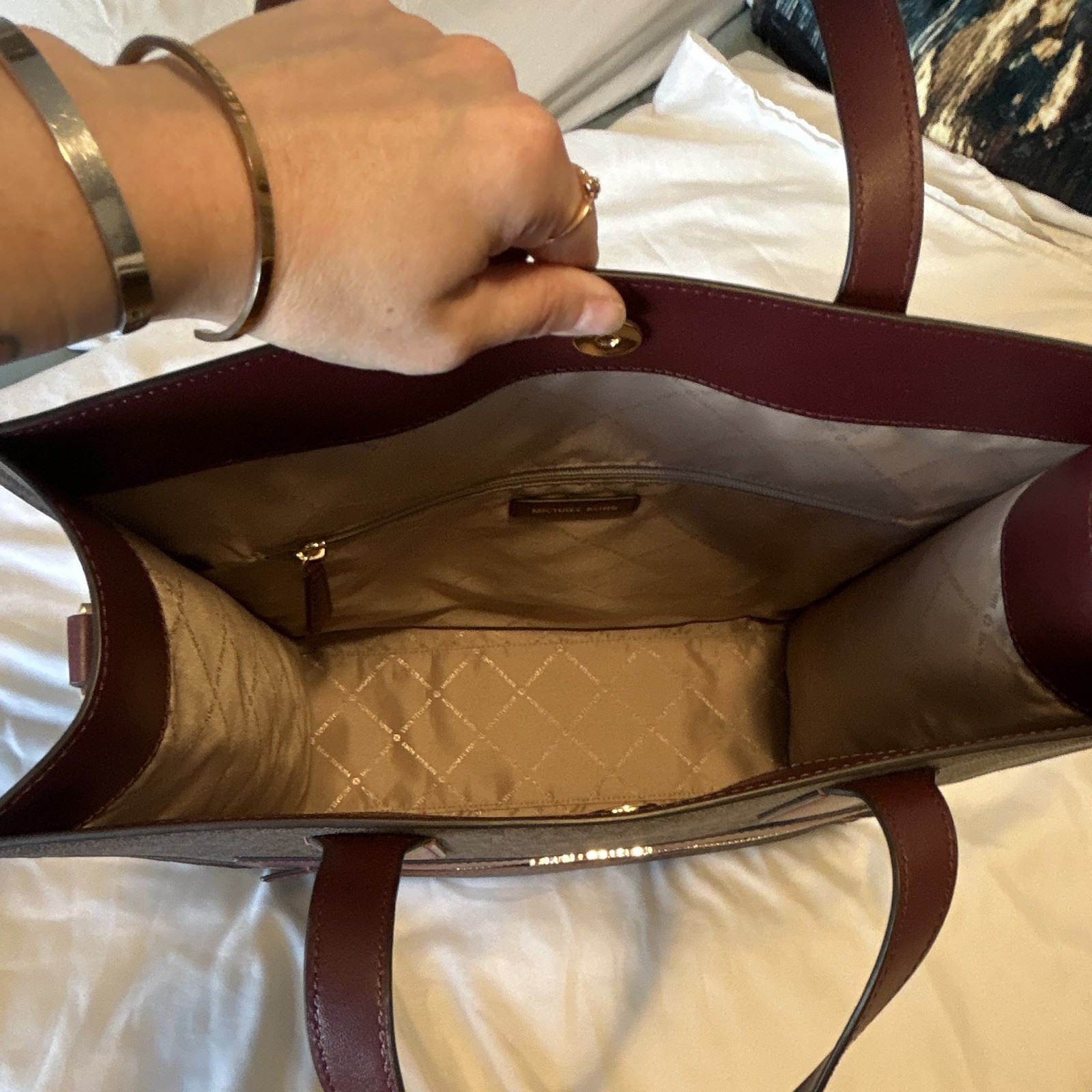 Michael Kors Monogram Tote Brown/Burgundy Zip Detachable Strap Gold Hardware