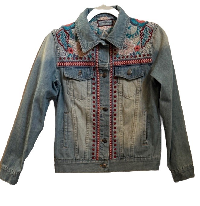 Johnny Was Oman Embroidered Denim Jean Jacket Women’s Boho Artsy Colorful XS