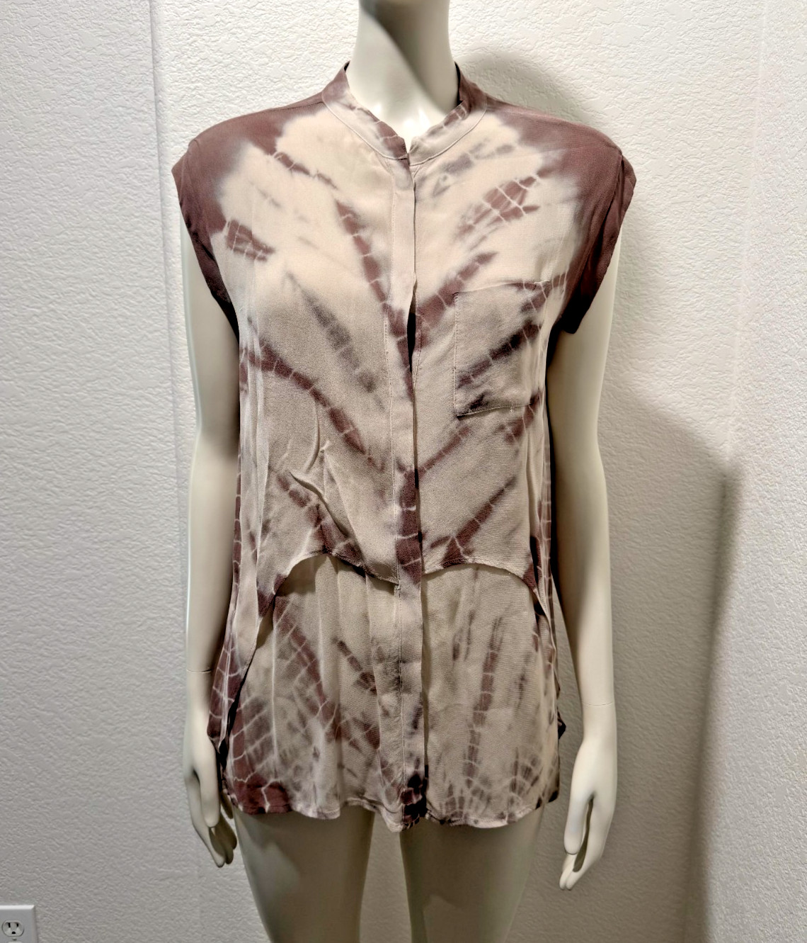 Young Fabulous Broke Chiffon Tunic Top Brown Tie Dye Hi Low Hem Sz M Sleeveless