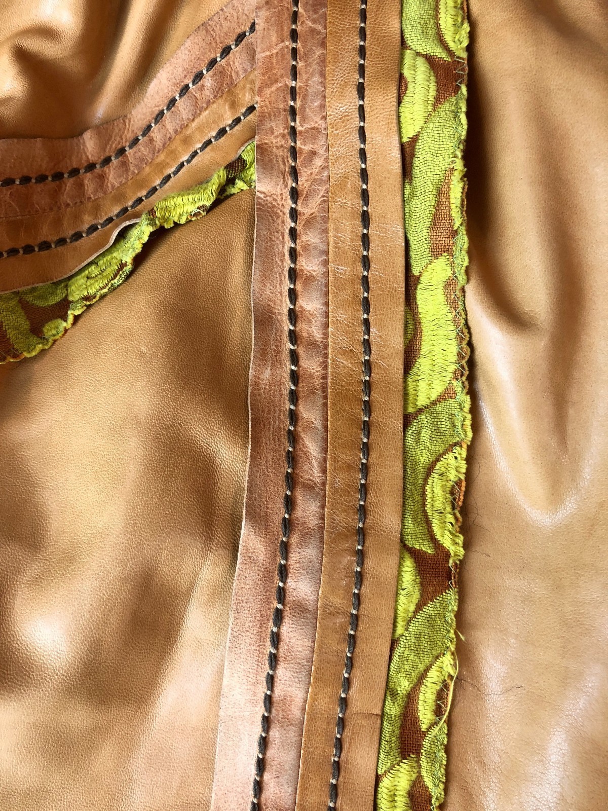 PRADA S/S 2015 RUNWAY Tan Nappa Leather Floral Jacquard Trim Skirt IT38/US4 NWT
