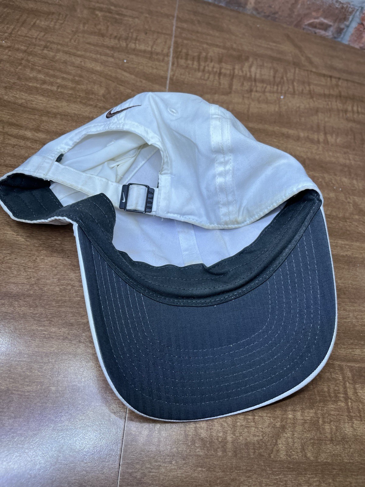 Nike Brown Swoosh Logo Legacy91 Dri Fit Stained White Strapback Hat Athletic