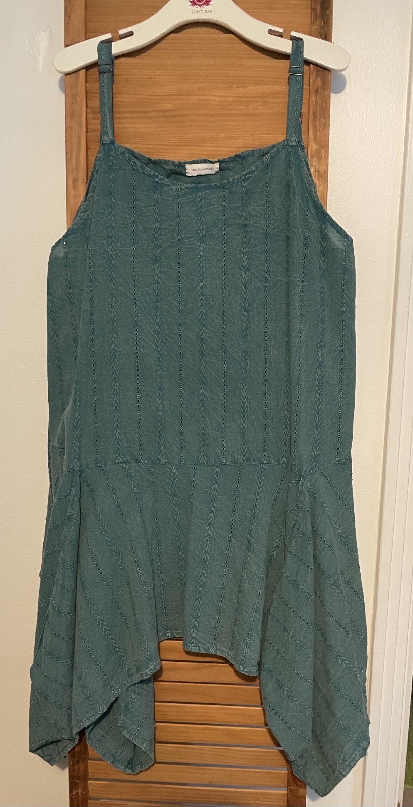 SALE Krista Larson Eucalyptus Teal Cotton Eyelet Asym Hem Pinwheel Dress OS