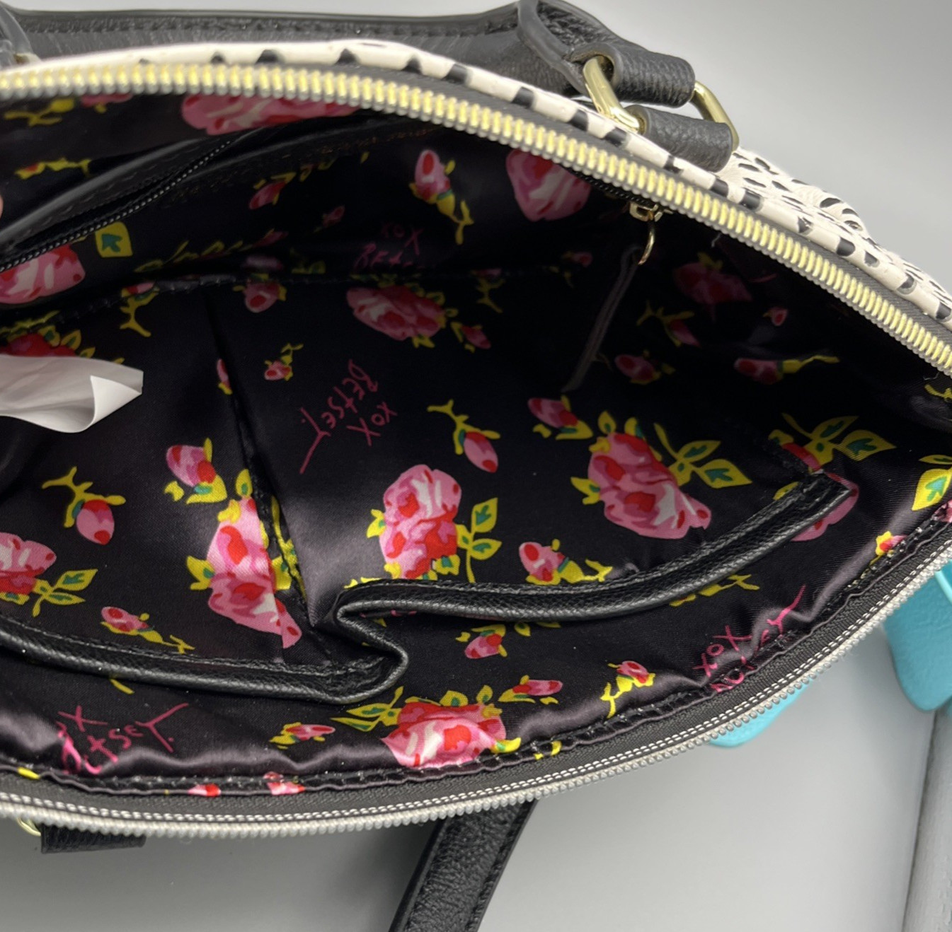 Betsey Johnson Polka Dot Shoulder Bag Purse Black & White Turquoise Bow Charm