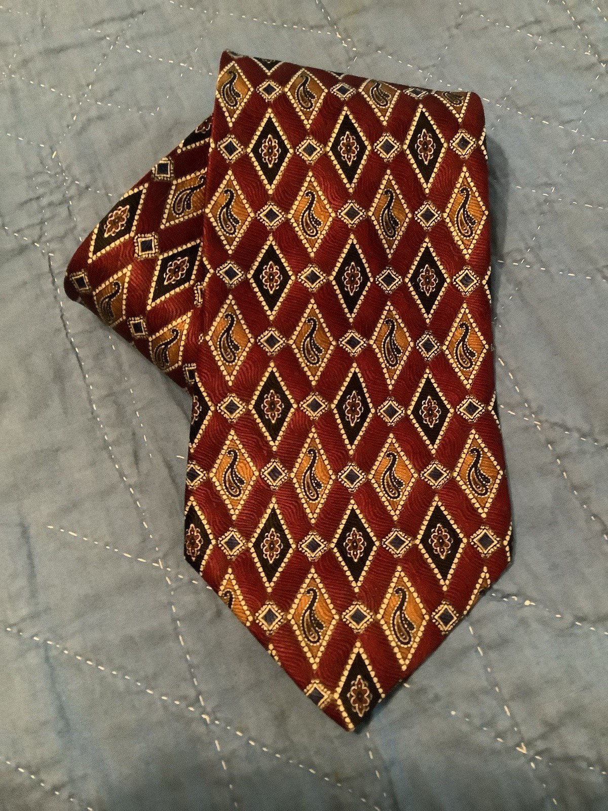 Stafford Mens Neck Tie Brown Black Gold White Blue Diamond Pattern 100% Silk