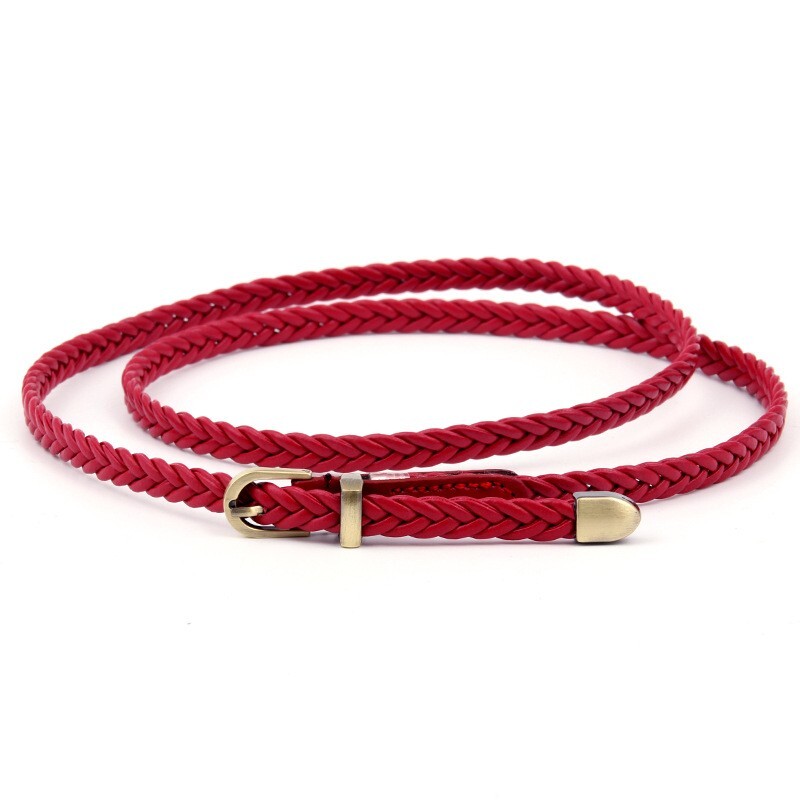 Handwoven PU Leather Belt, 0.8cm Slim Waist Chain Alloy Buckle for Women