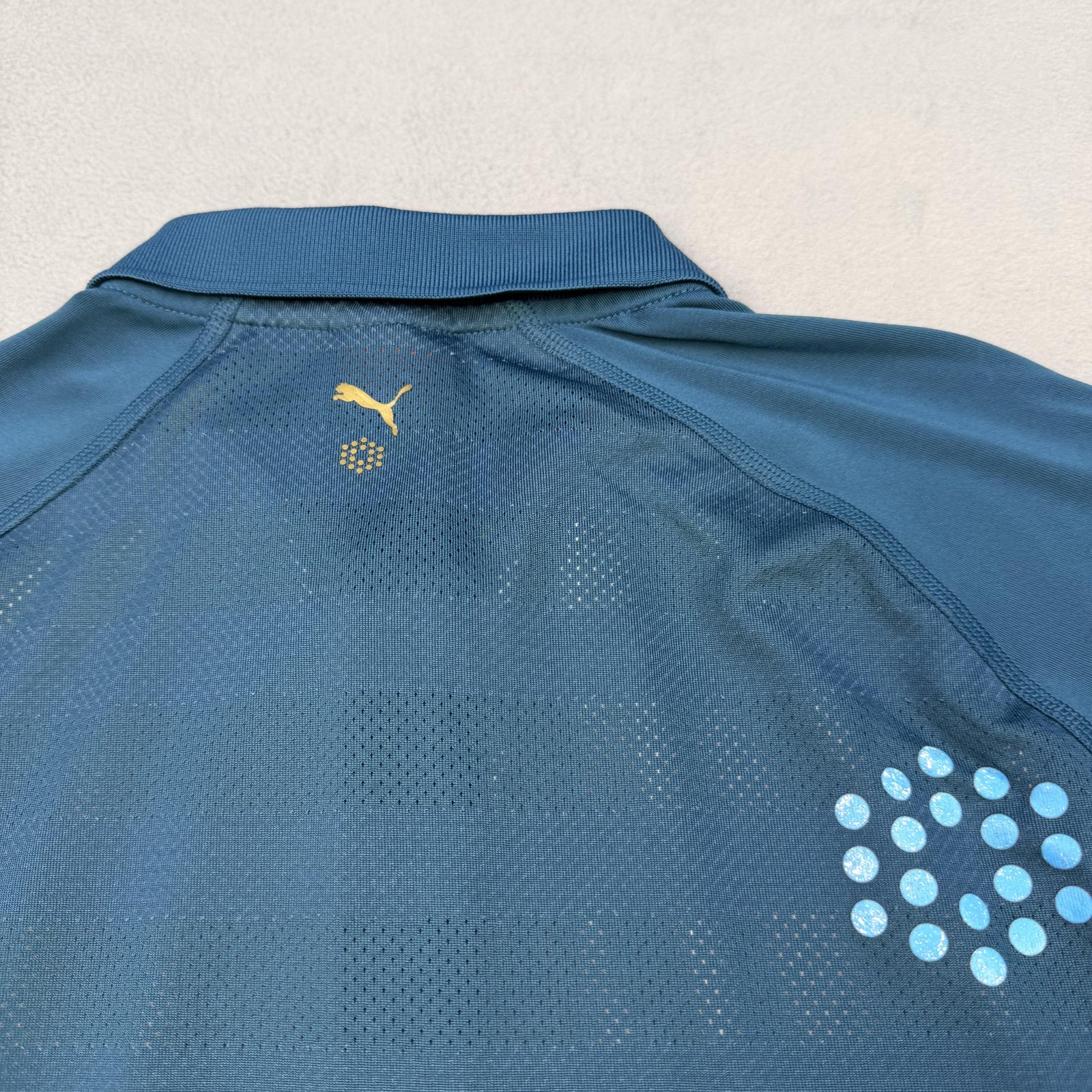 Puma Polo Shirt Mens Medium Blue Multicolor Stripe Golf USP DRY Stretch Top