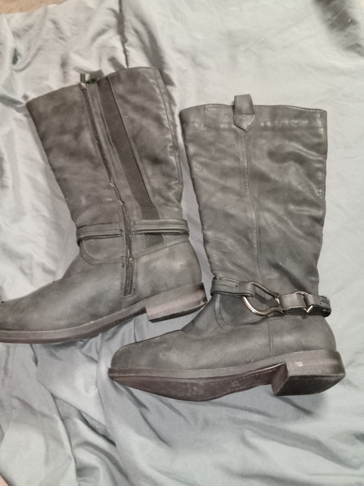 Women’s Gray Knee High Riding Boots Zip Buckle Round Toe Comfort Thinsulate