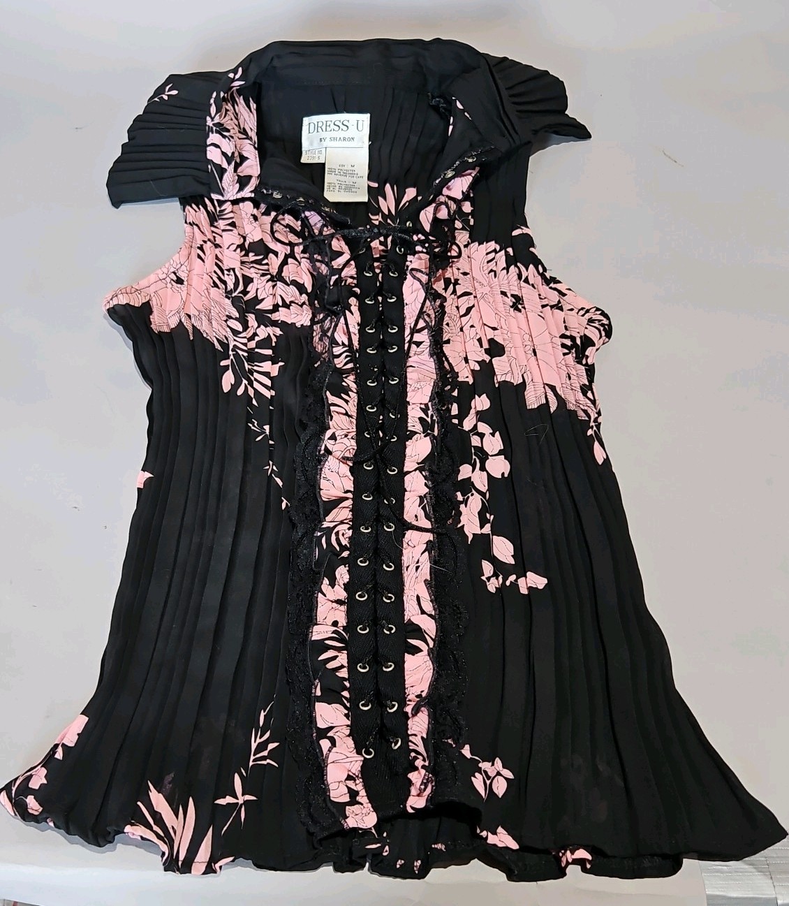 DRESS U BY SHARON PINK AND BLACK LACE UP FRONT SLEEVELESS SHIRT TOP SIZE M