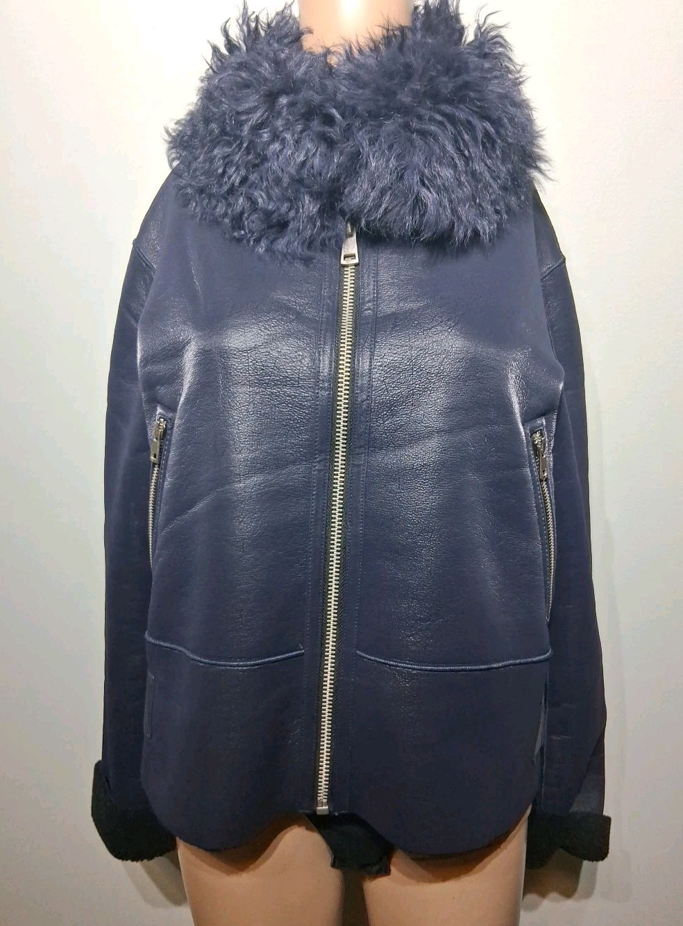 Frisson Women’s Faux Leather Navy Blue Jacket Faux Fur Collar Size S
